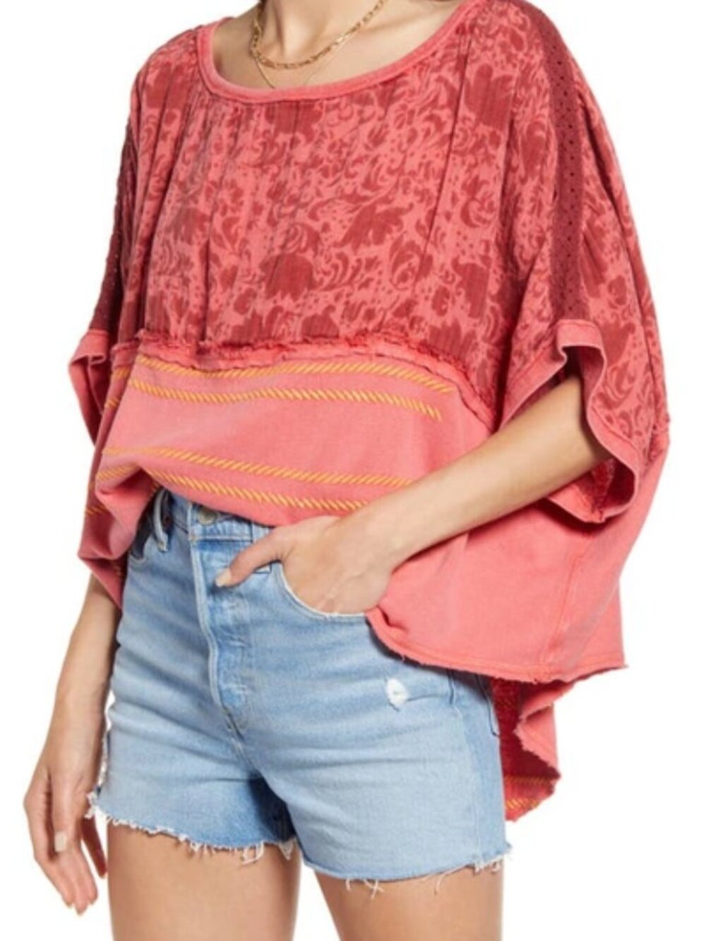 Free People Size M Garnet Royal Combo Floral Embroidered Boho Oversized Top